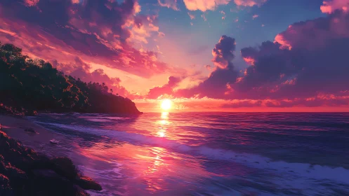 Sunset paints the shoreline in neon-sorbet ocean light