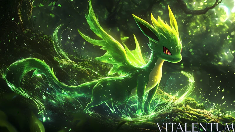 Luminous forest dragon fox glows with vivid emerald magic
