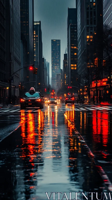 Rain-soaked city avenue glows with reflections and traffic
