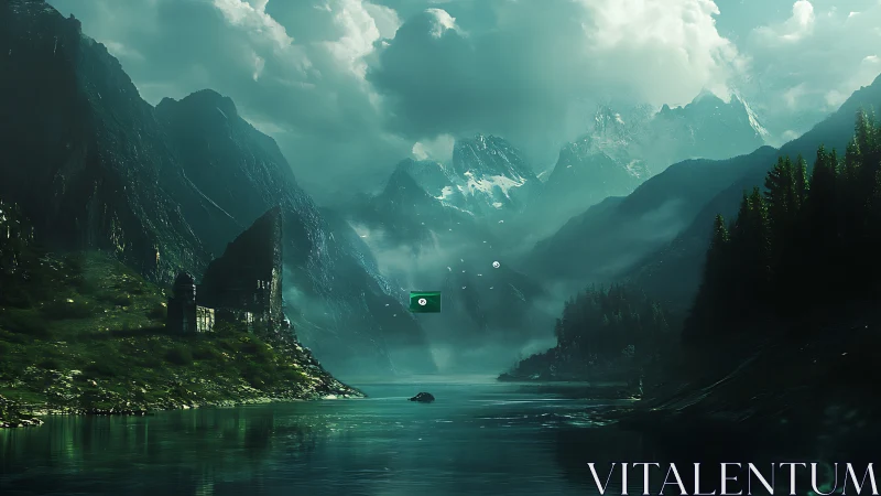 Mystic alpine fjord with ruins under cinematic teal haze.