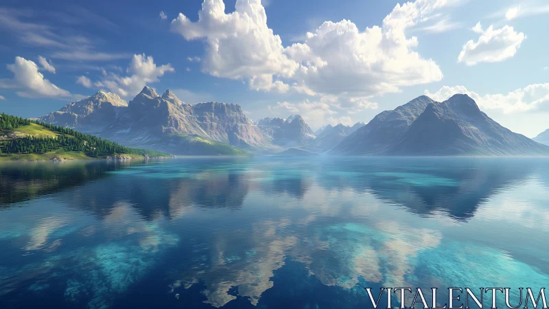 Mountain lake reflects dramatic peaks under scattered clouds