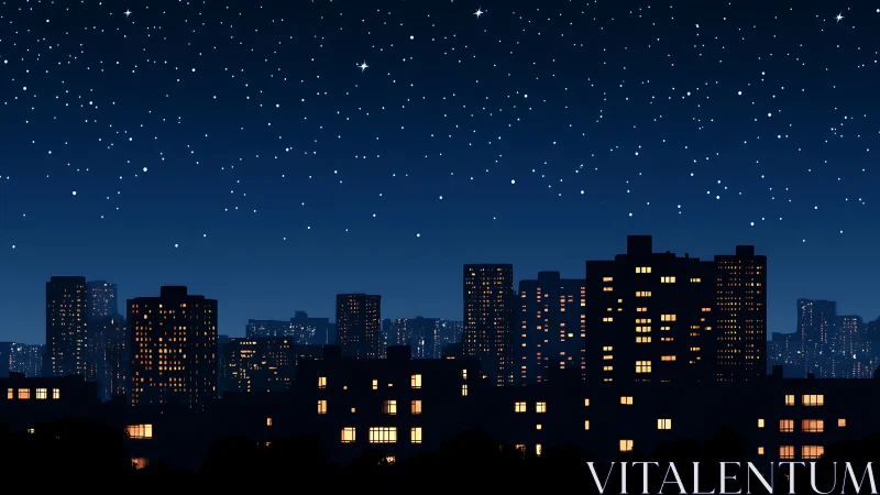 Quiet city skyline resting beneath a gentle starry night.