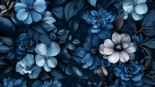 Blue Floral Arrangement with Dark Foliage Background