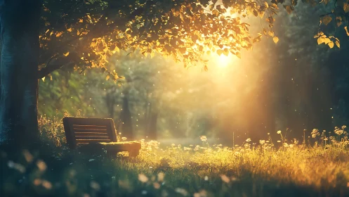 Backlit wooden park bench under golden hour forest canopy