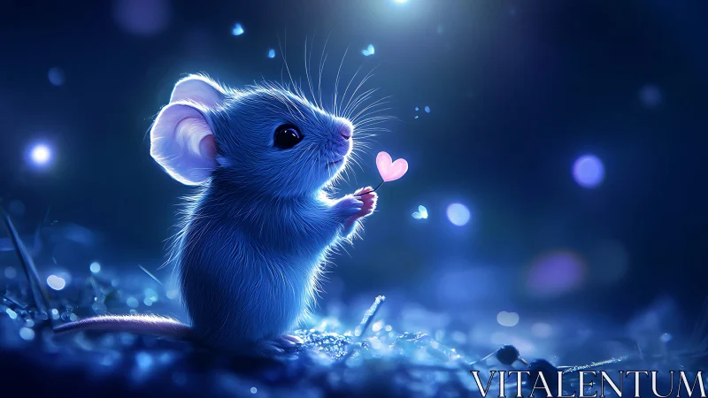Bioluminescent blue mouse with luminous heart-shaped token.
