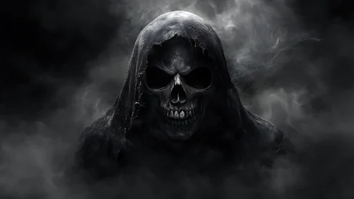 Hooded skeletal entity emerging through volumetric shadowfields.