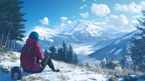 Quiet hiker pauses to admire sunlit snowy mountain valley