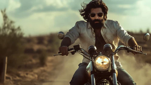 Bearded biker rides desert highway on classic motorcycle.