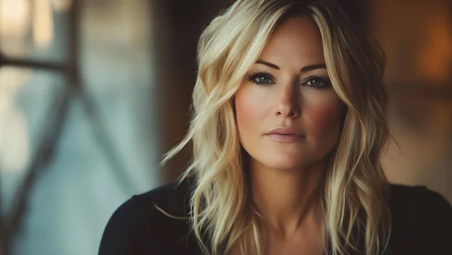 Blonde woman with wavy hair in soft natural light, modern portrait.