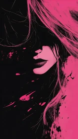 Profile illustration of woman with pink hair on black field.