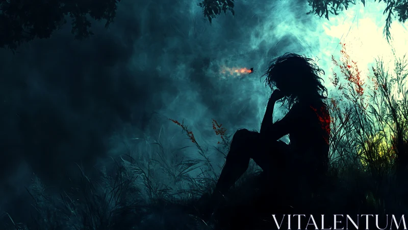 Silhouetted figure contemplates glowing ember in misty field