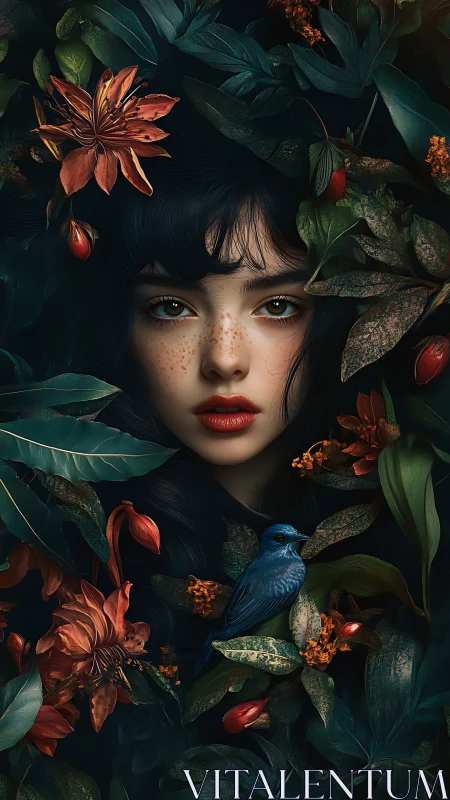 Forest-bloomed girl listens to a midnight-blue bird’s secret