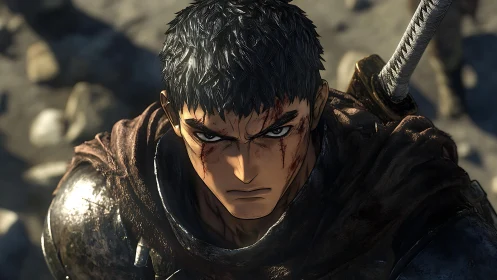 Battle-hardened anime swordsman with scars and armor.