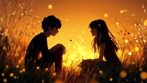 Two anime teens share a quiet golden moment at sunset