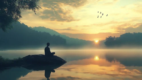 Serene Figure Meditating by Misty Lake at Sunrise, Tranquil Style.
