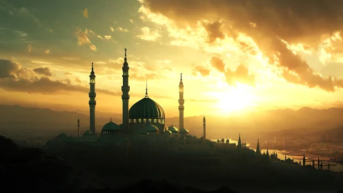 Sunlit domed mosque silhouette in cinematic digital painting style.