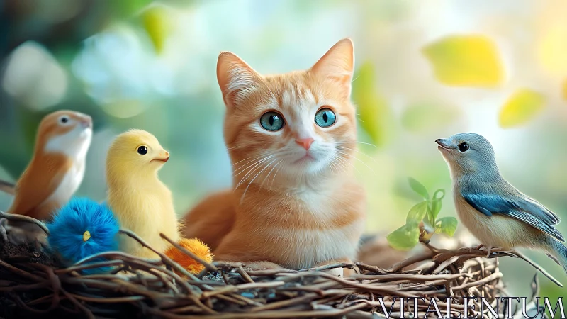 Orange and White Cat with Birds in Nest.