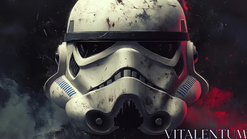 Battle-worn sci-fi helmet glowing in moody galactic haze.