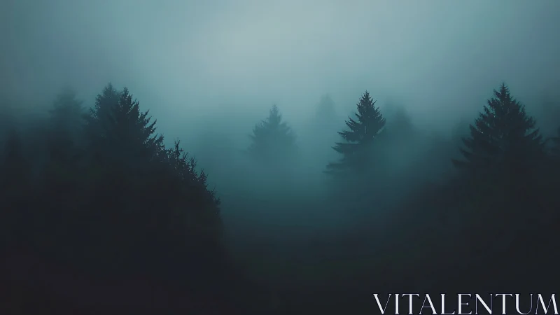 Misty Forest with Evergreen Trees in Heavy Fog