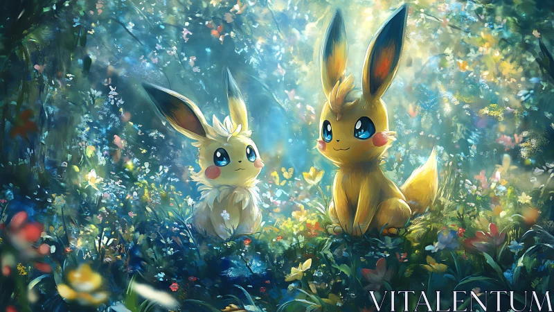 Twin electric creatures in sunlit fantasy forest clearing.