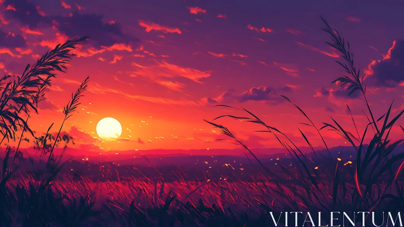 Sunset sky dominates vibrant digital grassland landscape
