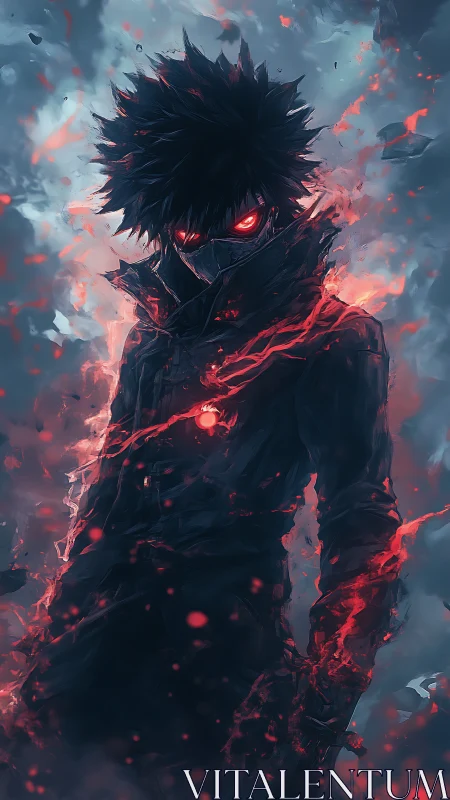 Dark masked anime warrior with glowing red energy aura.