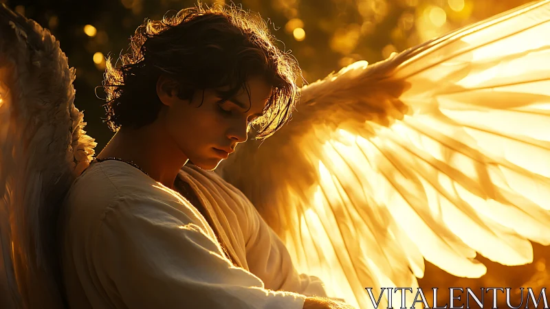Winged human figure in warm backlit outdoor setting.