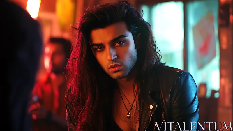 Cinematic portrait in neon bar lighting, shallow depth focus.