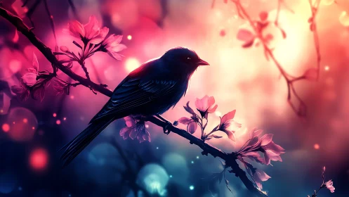 Silhouetted songbird on blossom branch in vivid bokeh light.