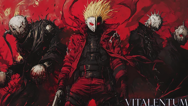 Masked armed figure with spiked entourage in red field.