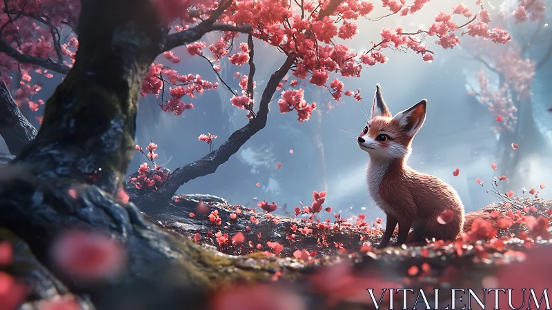 Young fox under blooming pink trees in misty terrain.