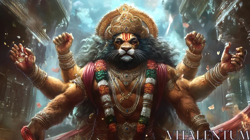 Lion-headed temple guardian unfurls radiant storm of arms.