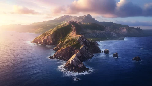 Volcanic island peninsula rises from deep blue ocean water