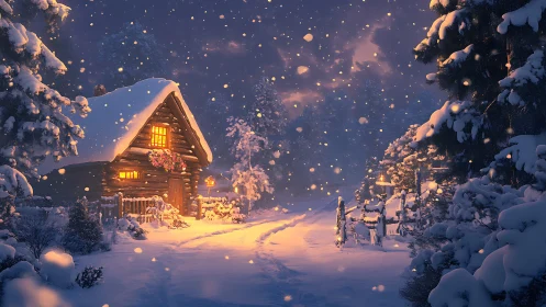 Snow-laden cabin at dusk rendered in warm cinematic lighting