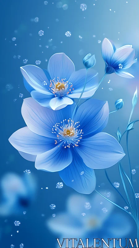 Blue Anemone Flowers with Golden Centers.