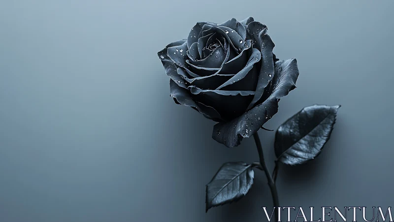 Photorealistic monochrome rose with dewdrops on minimal field.