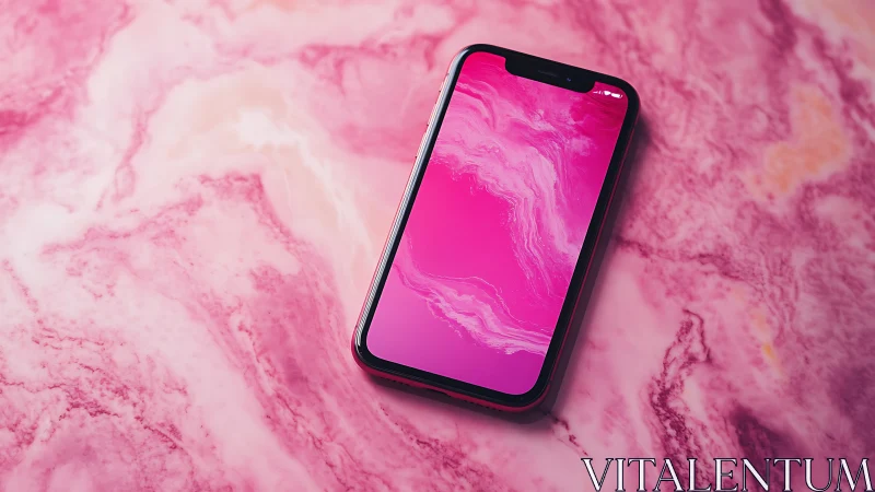 Modern Smartphone on Fluid Marble Texture Background. Digital Display