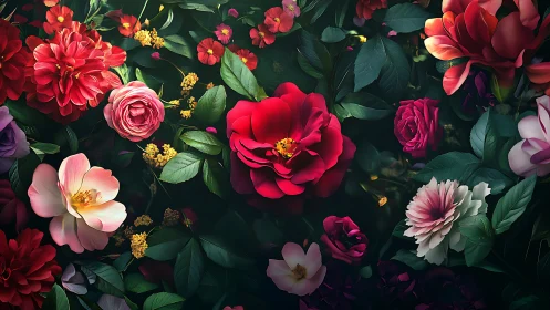 Vibrant Garden Blooms: Lush Floral Arrangement with Deep Green Backdrop