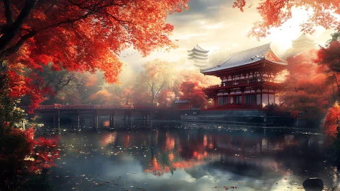 Autumn temple reflects over misty lake under glowing sunrise