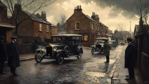 Vintage cars line a wet cobblestone street in an old town