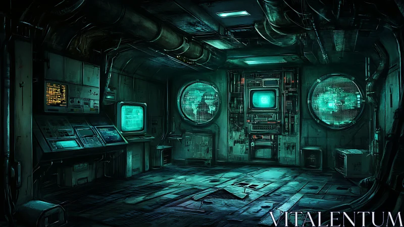 Cybernetic command chamber with teal holographic consoles.