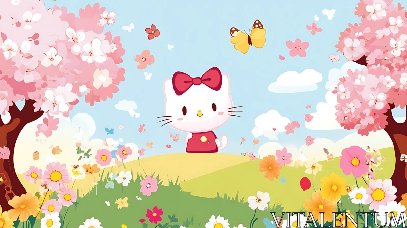 Minimal-line cat character centered in stylized pastel spring landscape