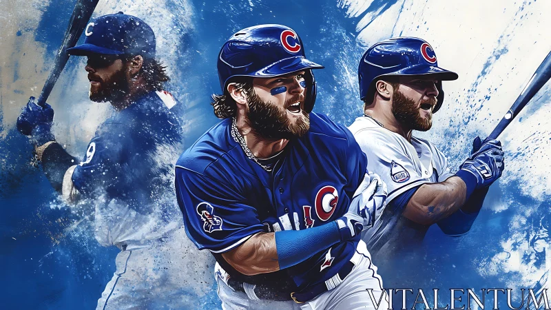 Electric baseball moment with three bold swinging sluggers.