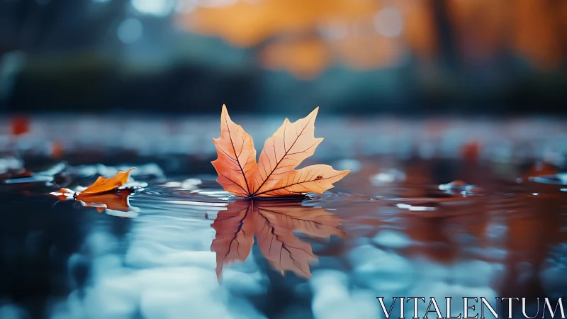 Orange maple leaf on reflective water surface in autumn.