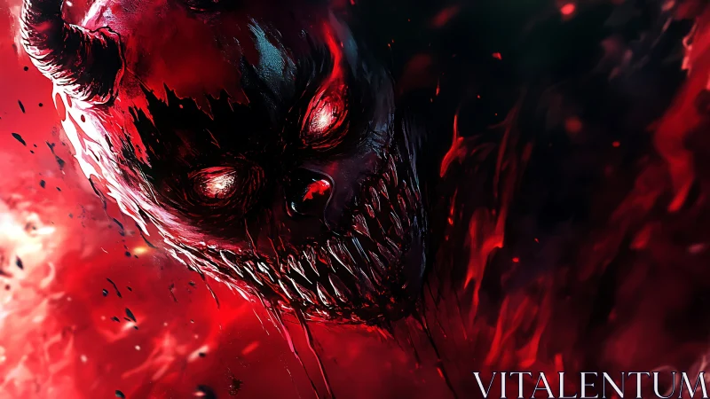 Fierce horned demon emerges from swirling crimson flames