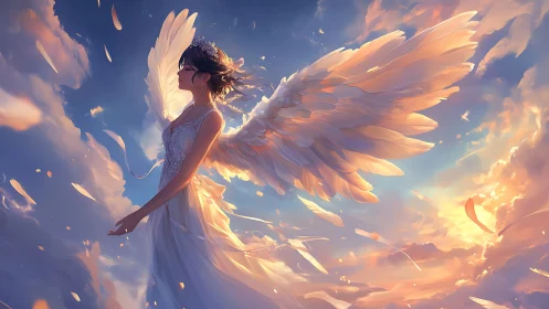 Radiant winged girl drifts peacefully through glowing clouds
