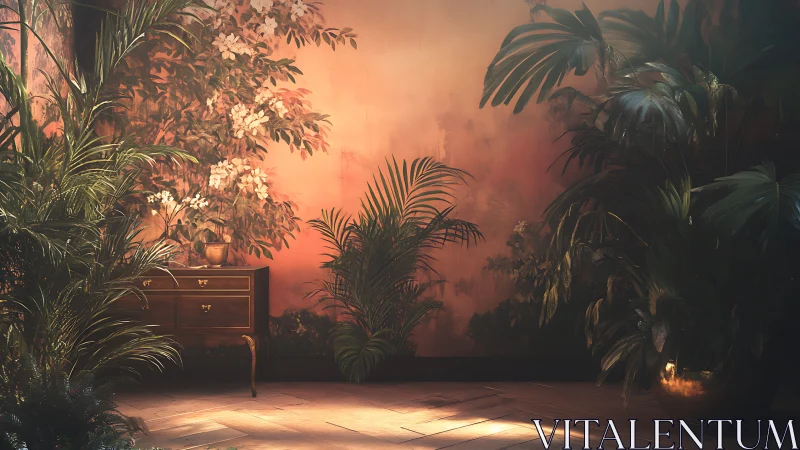 Lush indoor jungle glows against warm painted wall.