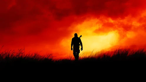 Lone wanderer crossing a burning red horizon at dusk.