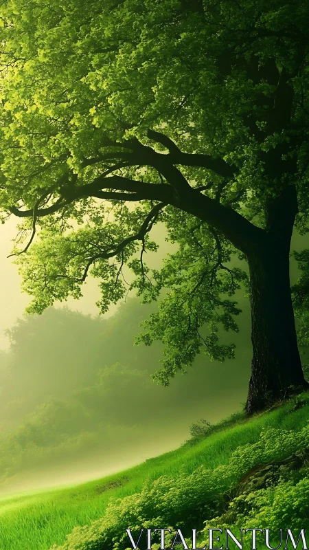 Ancient tree with luminous canopy casting shadow on misty green field