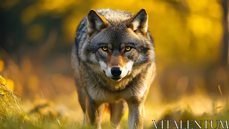 Lone gray wolf walks through golden forest light at dusk